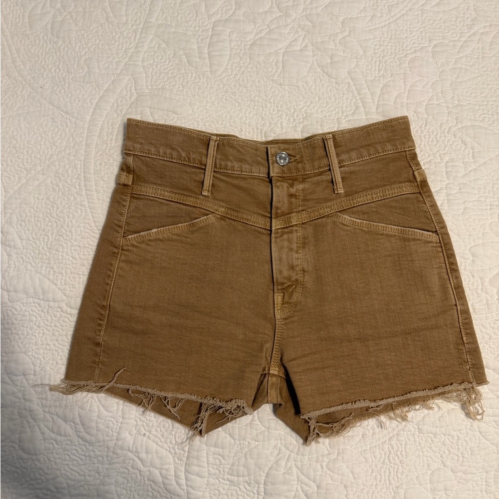 MOTHER High Waist Frayed Hem Shorts in Brown